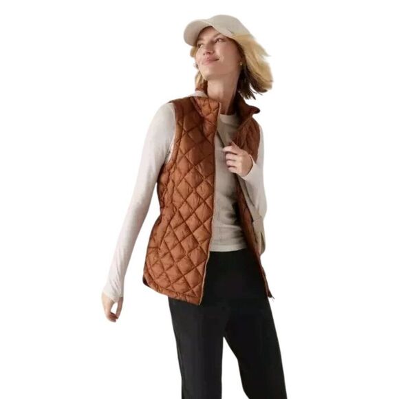 Athleta Whisper Featheress Full Zip Puffer Vest Jacket Sequoia Brown Size S NWT - Picture 1 of 6